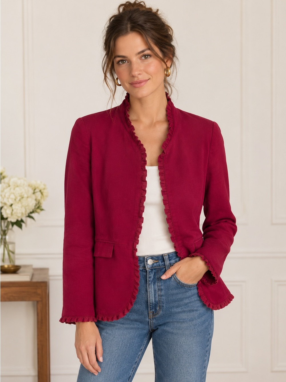 Chico's Red Ruffle-Trim Blazer